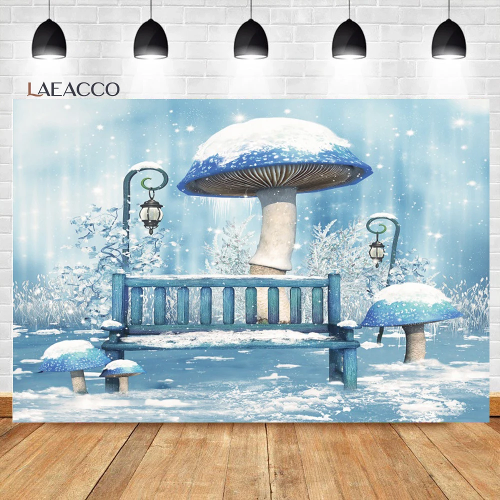 

Laeacco Winter Snow Fairytale Forest Photography Backdrop Dreamy Blue Mushroom Newborn Baby Shower Birthday Portrait Background