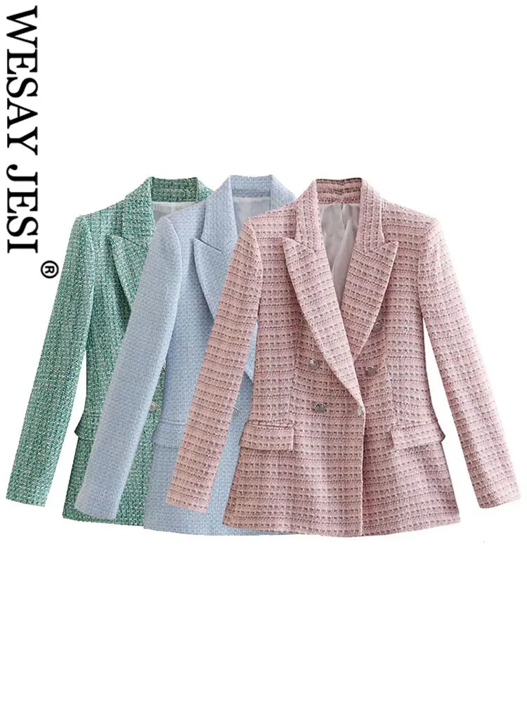 

WESAY JESI New Tricolor Knitted Plaid Elegant Commuter Ladies Suit Top Girls Youth Fashion Casual Double Breasted Women's Blazer