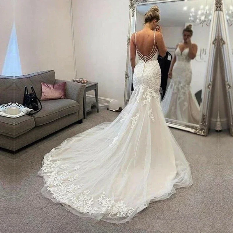 

Роскошное Свадебное платье с юбкой-годе, сексуальное свадебное платье с открытой спиной, аппликацией и шлейфом, платья невесты на бретелях-спагетти