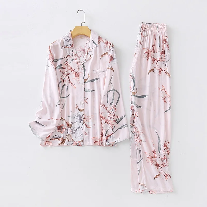 Elegant Floral Print Cotton Viscose Pajamas Long-sleeved Trousers Casual Home Wear Cartoon Pijamas Women Sleepwear