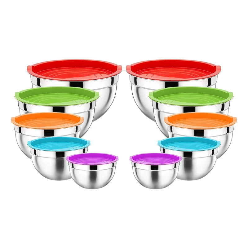 

Mixing Bowl With Lid Set Of 10, Stainless Steel Nesting Salad Bowl Set For Prepping, Mixing And Serving