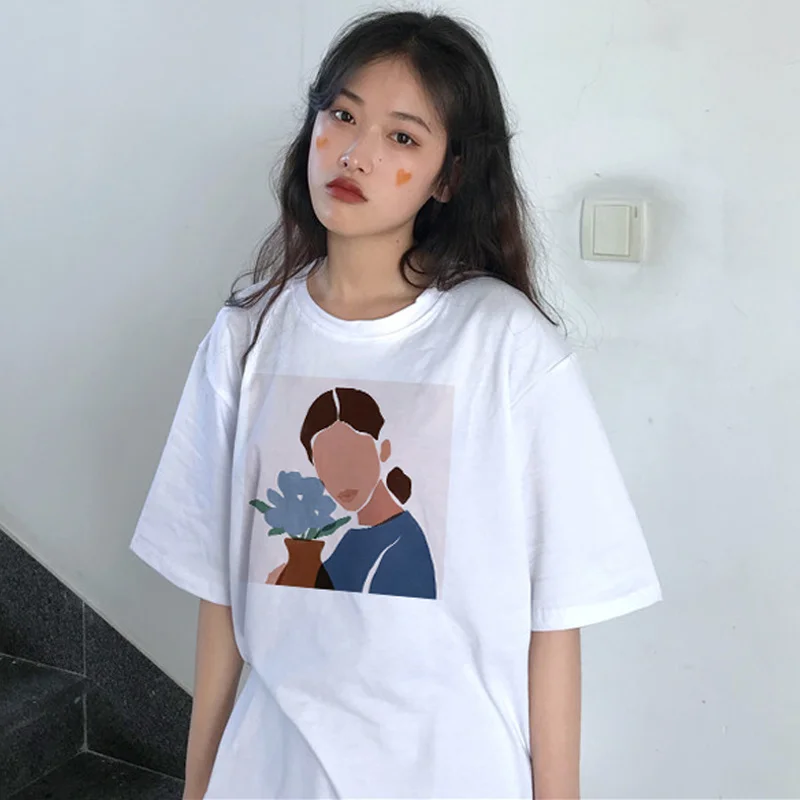 

Летняя Повседневная Женская футболка в стиле Харадзюку, свободный простой Мягкий Топ с коротким рукавом и принтом масляной живописи, винта...