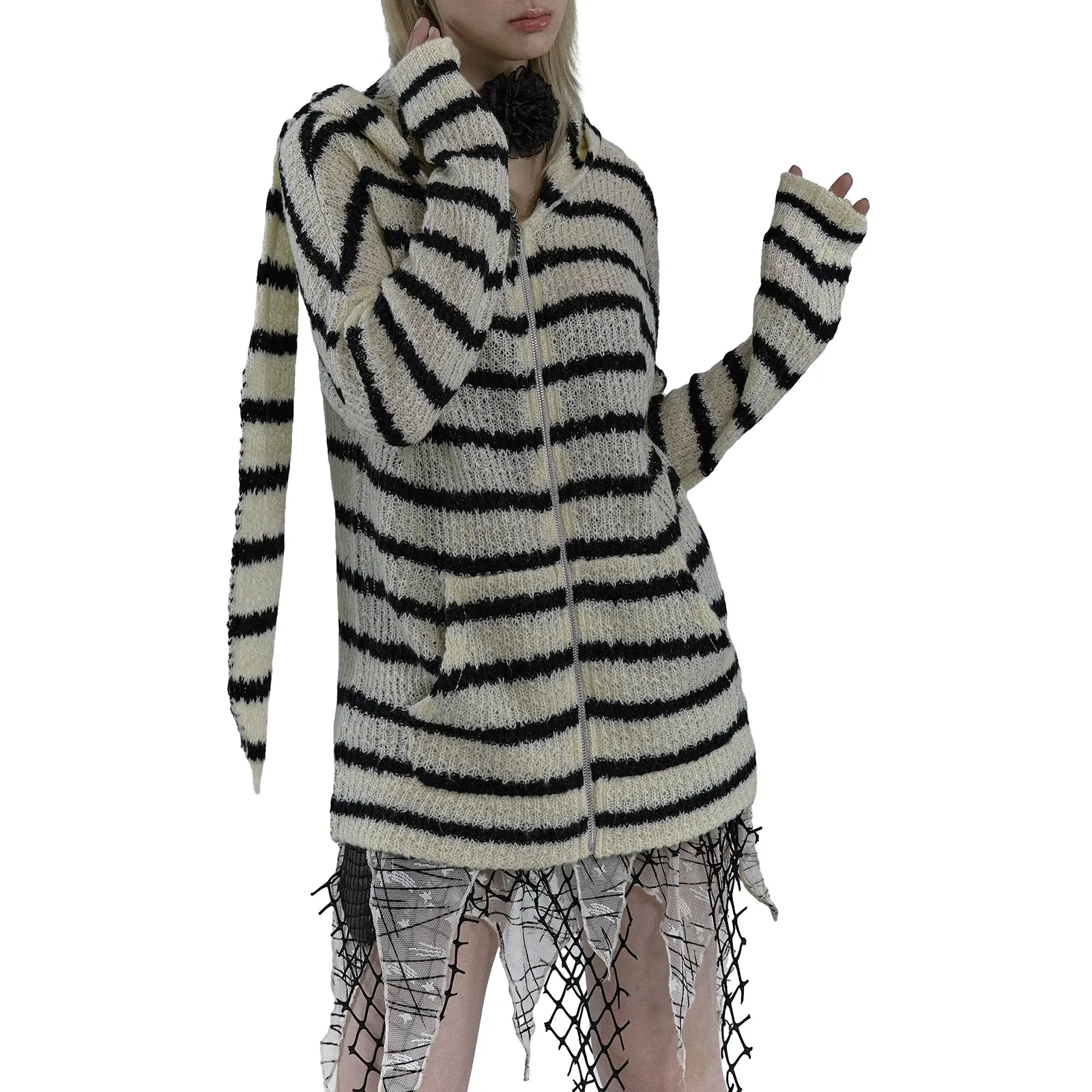 

Women Fashion Hoodies Cardigan Stripe Long Ears Hooded Long Sleeve Sweater Zipper Fall Casual Soft Knit Coat