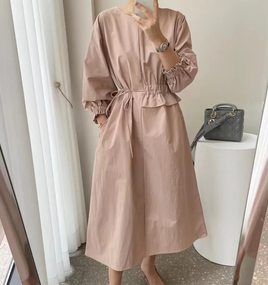 

COIGARSAM Long Dress Women Spring 2023 Office Lady French Style Full Sleeve Solid O-Neck Black Pink Dresses