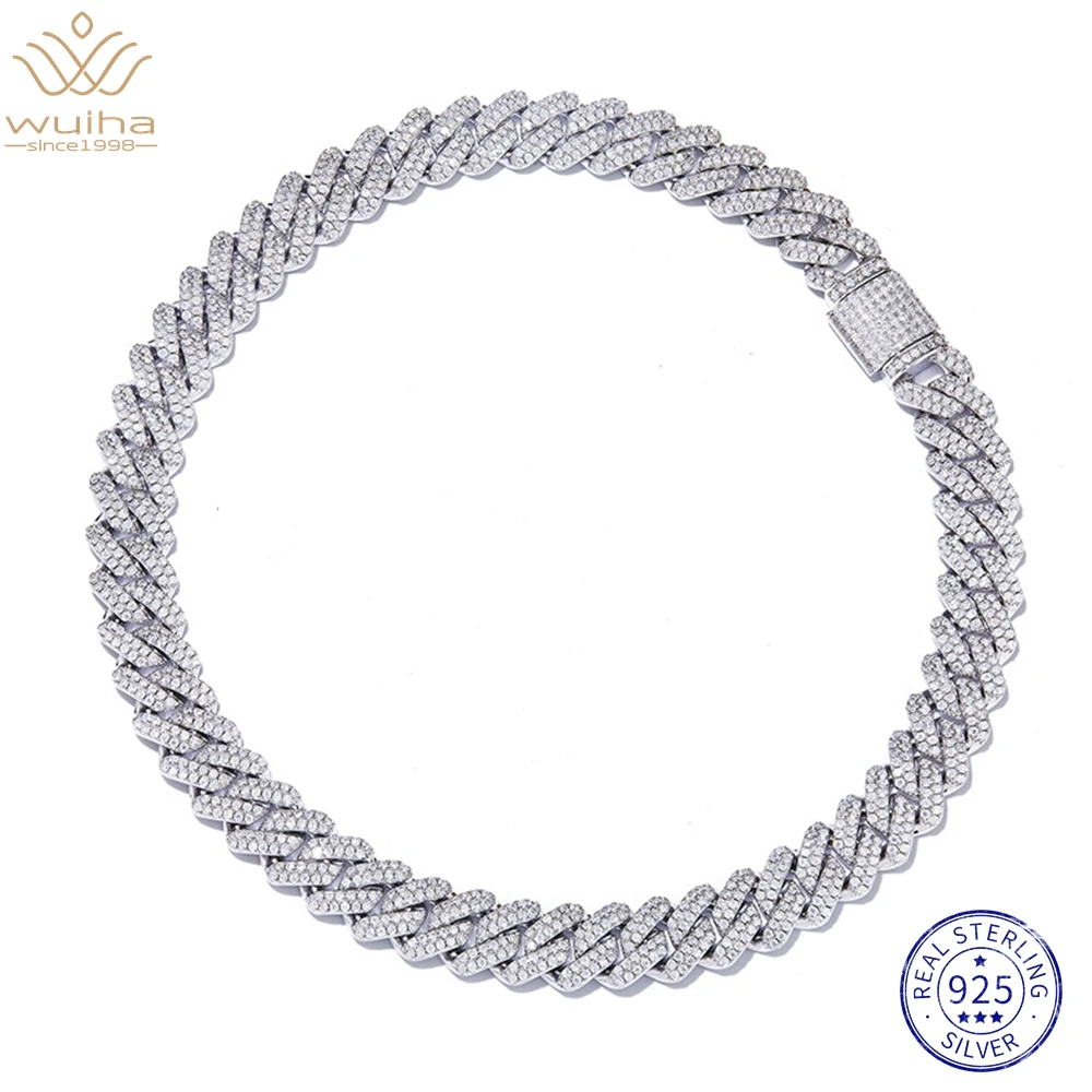 

WUIHA Hip Hop Rock 925 Sterling Silver 18K White Gold Width 14MM Pass Test Moissanite Full Diamond Cuban Necklaces Drop Shipping