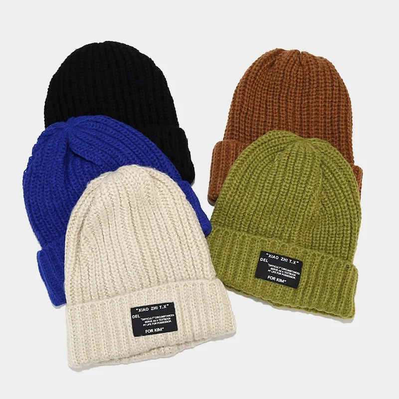 

Japanese Stripe Hats Fashion Women Letter Patch Beanies Big Head Circumference Knitted Woolen Cap Winter Warm Cold-Proof Hat
