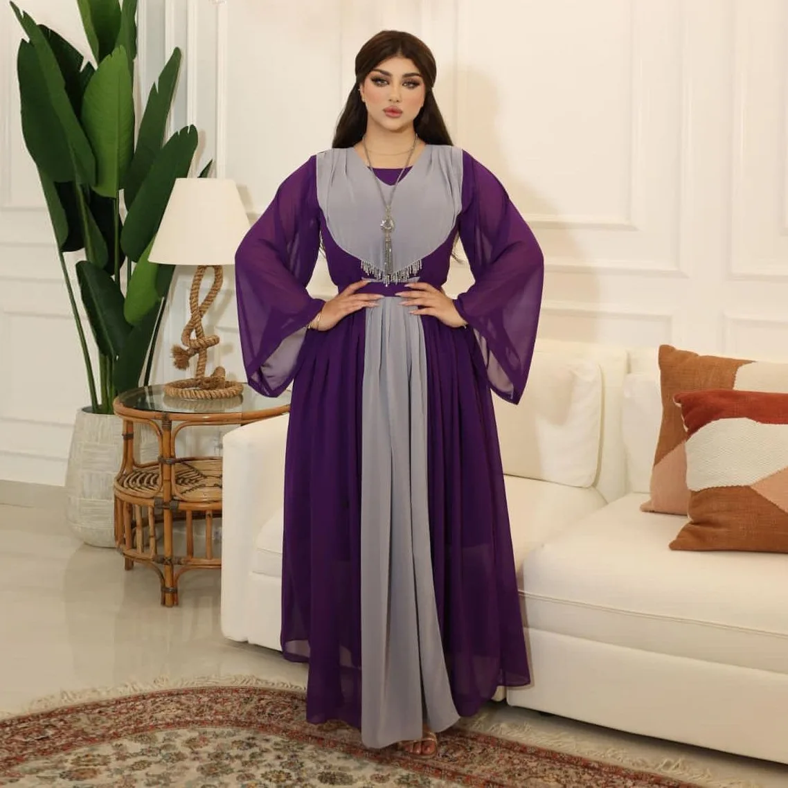 Ab253 Muslim Large Swing Dress Fashion Purple Chiffon Hand-Stitched Tassel Dubai Plus Size Women's Clothing  Eid Abaya