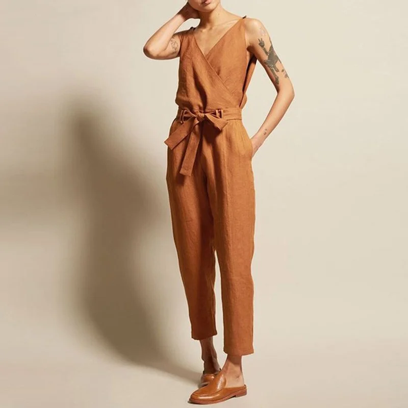 Women Fashion Sleeveless Solid Simple Beach Loose Jumpsuits Summer High Waist Mature Female New Long Jumpsuit with Belt Holiday