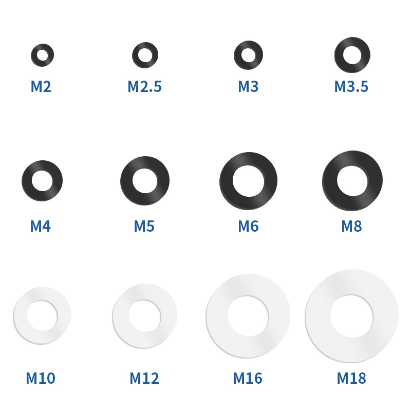 100pcs M2 M2.5 M3 M4 M5 M6 M8 M10 M12 Black White Plastic Nylon Flat Washer Plane Spacer Insulation Gasket Ring For Screw Bolt