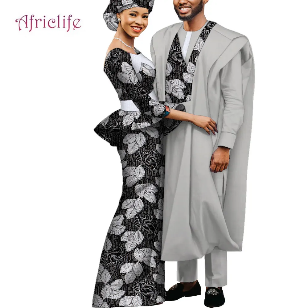 African Couple Clothing Plus Size for Women Set Included Headwrap and Men Robe Suit 3 Pcs Wedding Party Clothing WYQ859