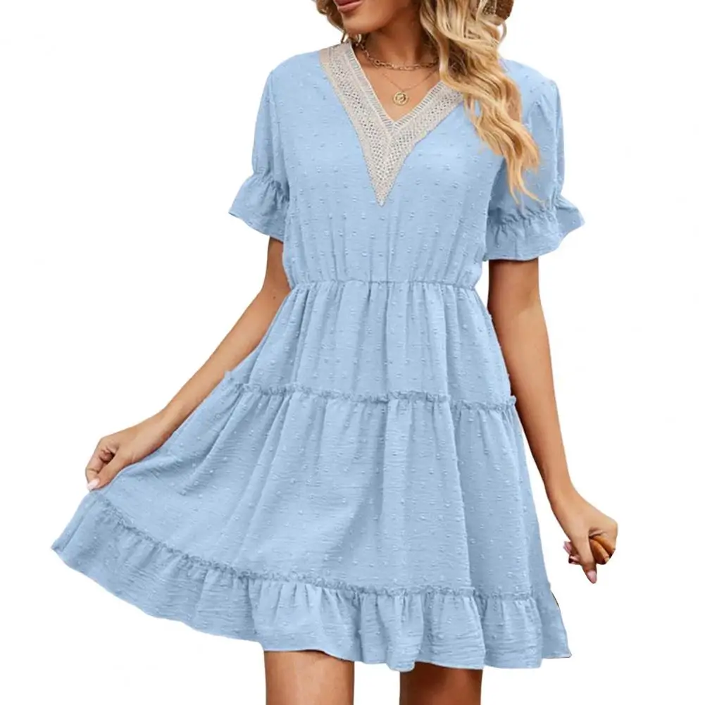 

Women Beach Dress Lace Stitching Solid Color V-neck Trumpet Sleeve Short Sleeves Dress-up Ruffle Loose Hem Women Mini Dress Lady