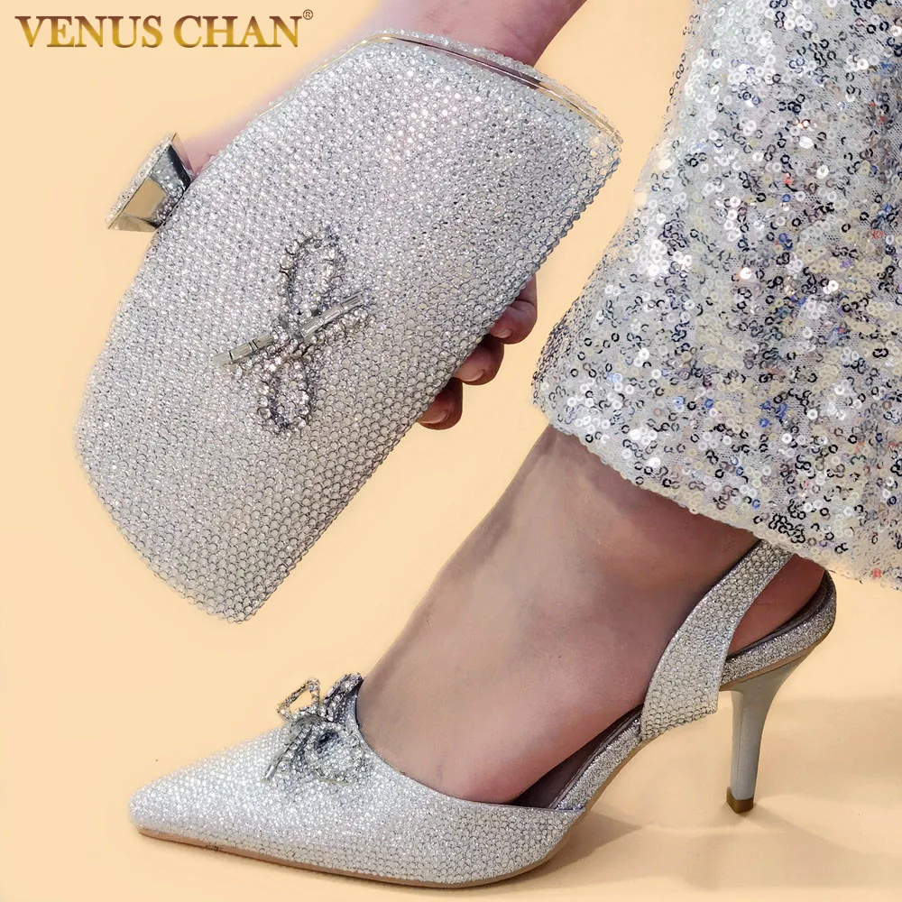 Venus Chan Pointed Toe High Heels Rhinestone Party Shoes for Women Wedding Silver Color Summer Sandals Thin Heel Shoe and Bag