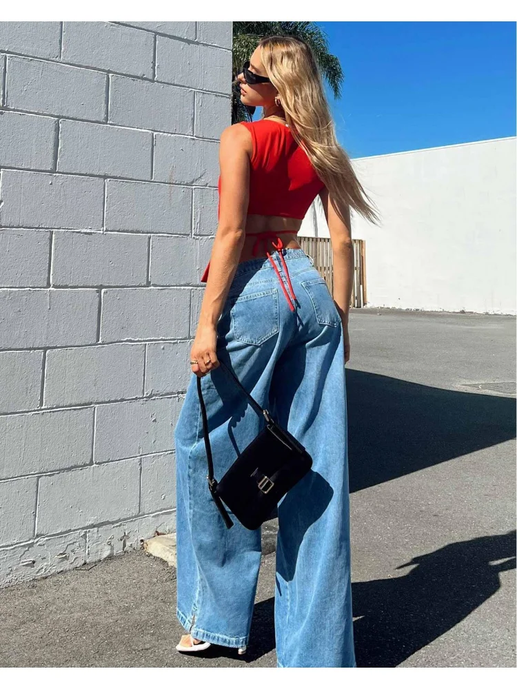 HOUZHOU Casual Wide Leg Blue Jeans Women High Waist Basic Oversized Y2k Baggy Long Denim Trousers Grunge Punk Female Streetwear