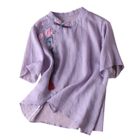 summer new purple ramie embroidery short sleeved top retro style button linen t shirt women chinese style mandarin collar