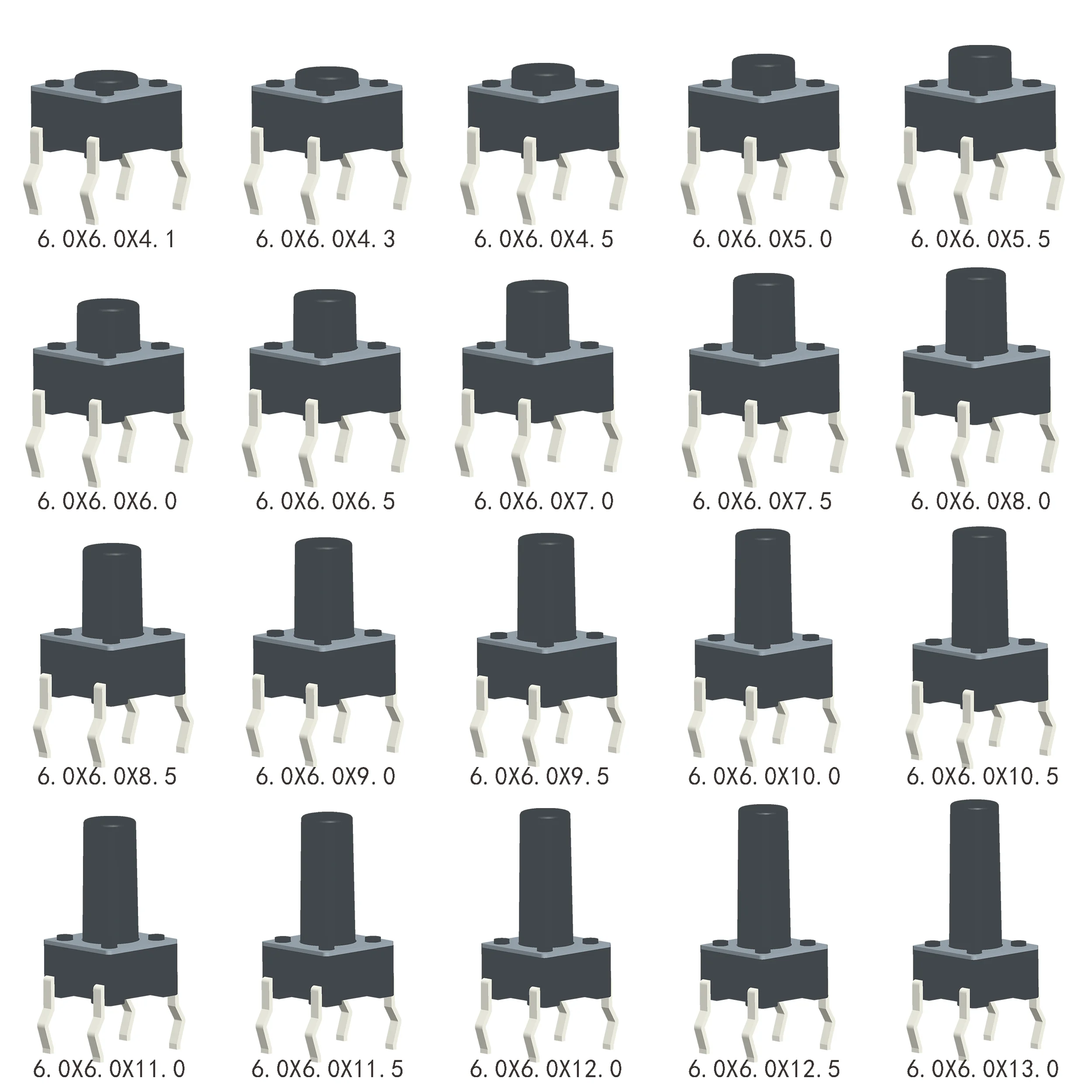 Тактильный кнопочный переключатель мини, черный, медный, 1000 штук, 4 типа, 6x6 мм H=4.1/4.3/4.5/5/6/7/8/9/10/11/12/13 мм