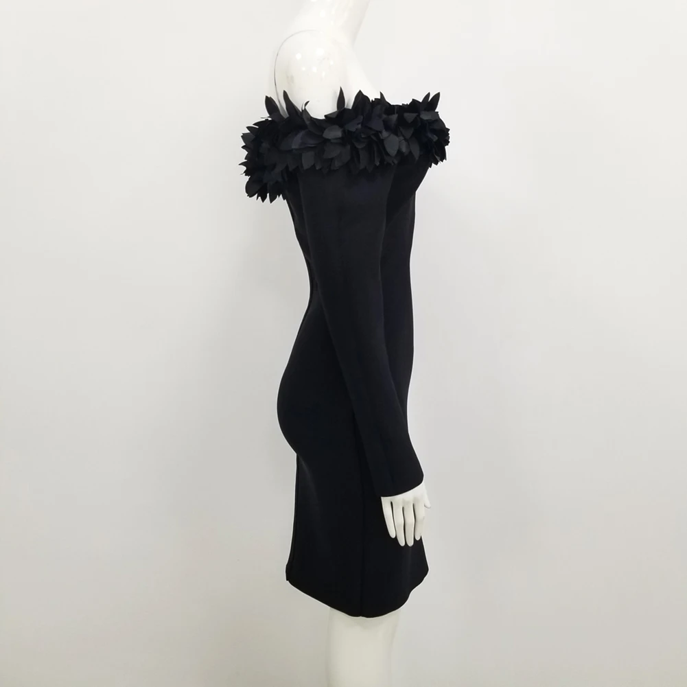 Floral Sexy Bodycon Mini Dress Women Fall Long Sleeve Off Shoulder Black Bandage Tight Slim Woman Party Night Club Robe | Женская одежда
