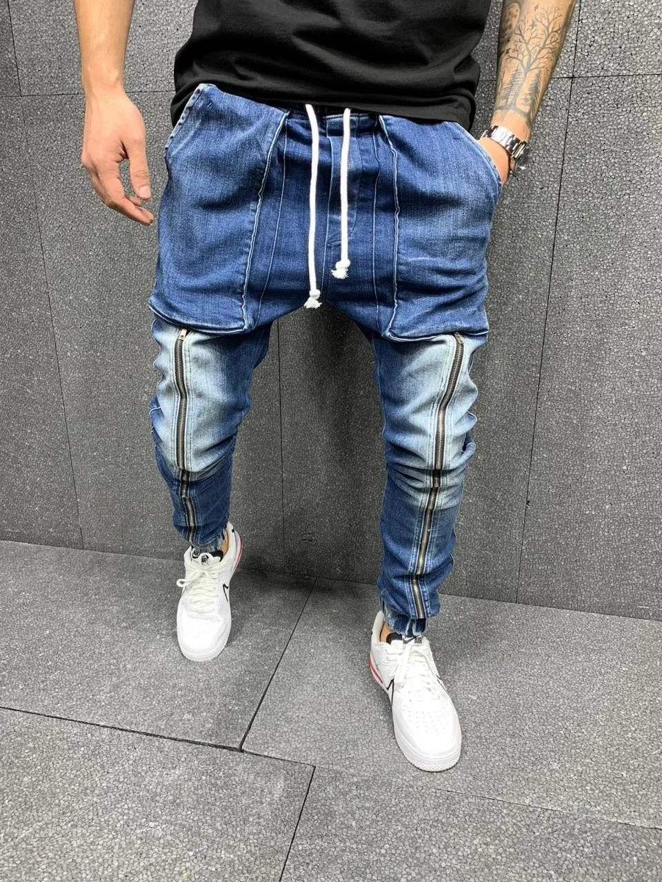 Men's Jeans Mid Waist Slim Stretch Jeans Men's Casual Sports Pants Lace Up Zipper Pencil Pants Four Seasons Blue Jeans Brand New