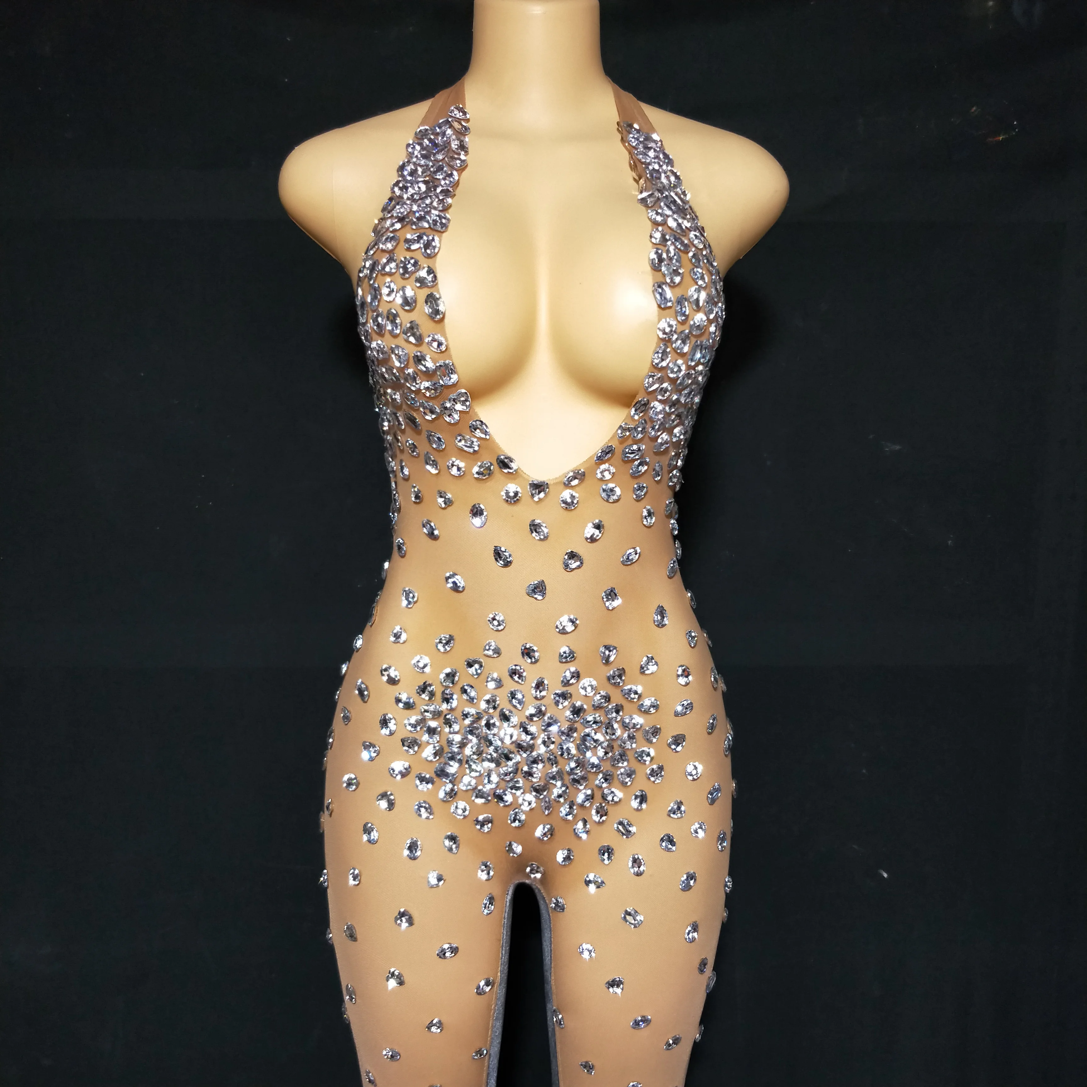 

Серебряный стразы, комбинезон, вечерний женский костюм для выпускного, дня рождения, шоу, без рукавов, бархатные Прозрачные Комбинезоны