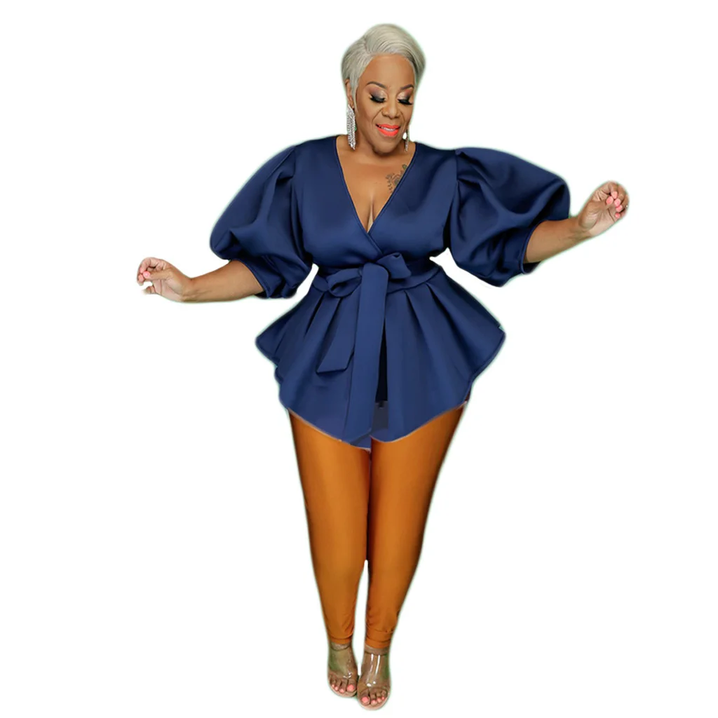Plus Size Women's Blouse Sexy V-neck Lantern Sleeves Pleated Fashion Dress Elegant Casual Solid Color Large Size Women's Tops
