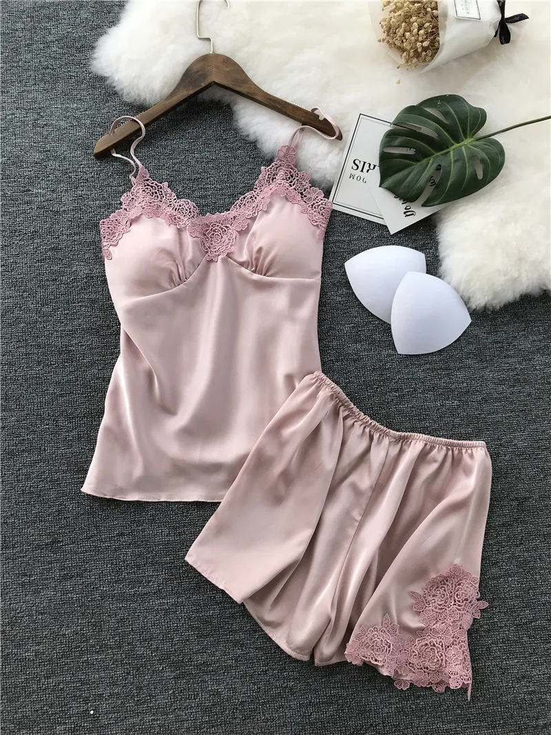 New Women Pajamas Sets Satin Sleepwear Silk 4 Pieces Nightwear Pyjama Spaghetti Strap Lace Sleep Lounge Pijama With Chest Pads