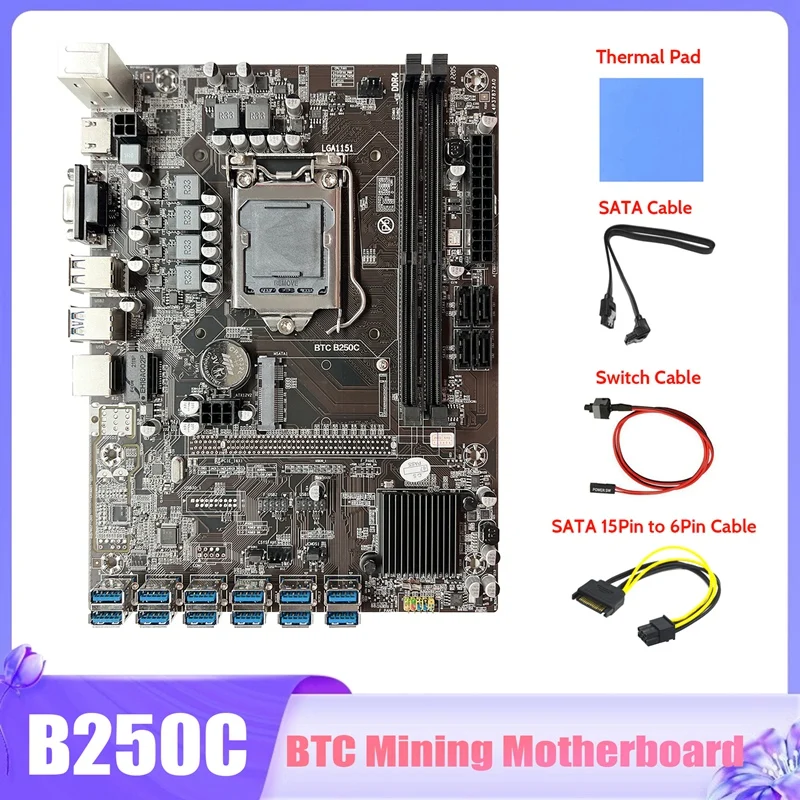 

Материнская плата B250C для майнинга BTC + кабель SATA + кабель переключателя + кабель SATA 15Pin на 6Pin + термальная подкладка 12X USB LGA1151 материнская плата
