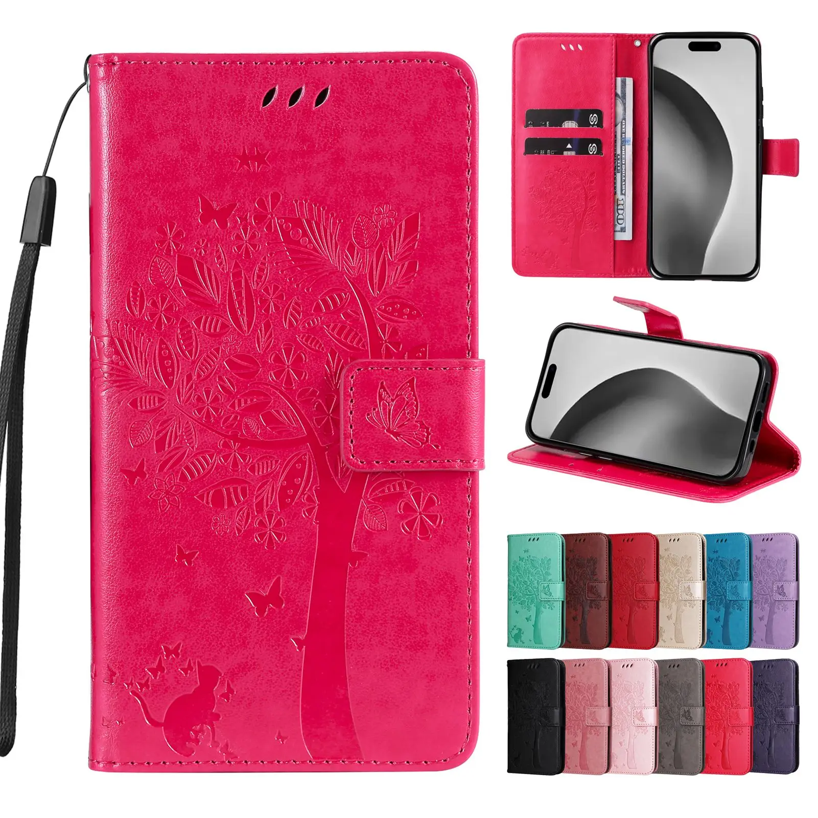 Phone Case for OPPO A94 F19 A95 A93 A74 A54 Reno 6Z 6 Pro Plus Realme C20 C21 V5 Synjolly Flip Card Wallet Tree Stand Cover