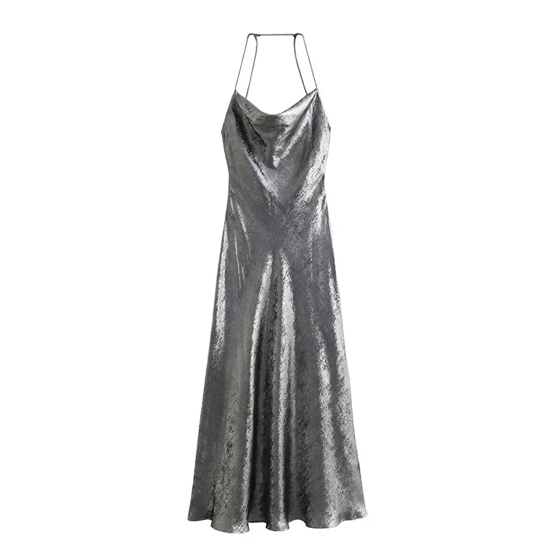 

2024 Spring Summer New Metallic Spaghetti Dresses Silk Texture Suspender Dress Women Sleeveless High Waist Holographic Dress