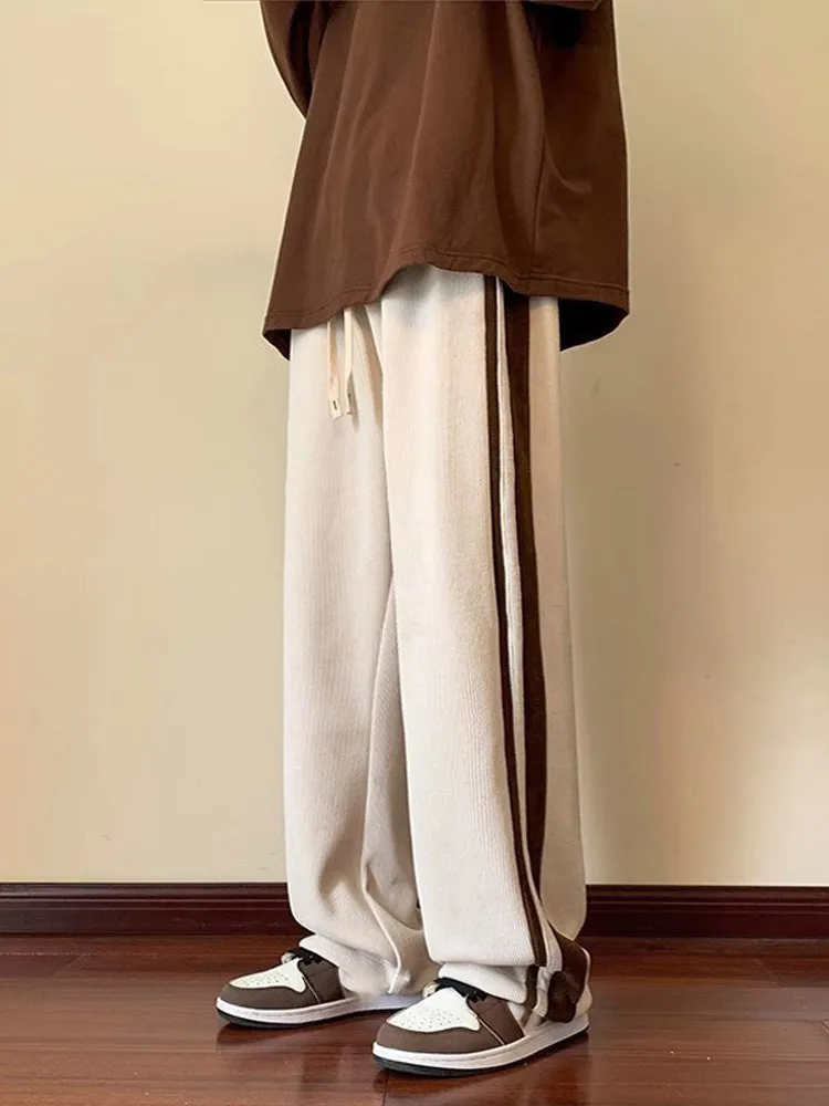 Модные мужские широкие брюки в контрастную полоску повседневные спортивные с