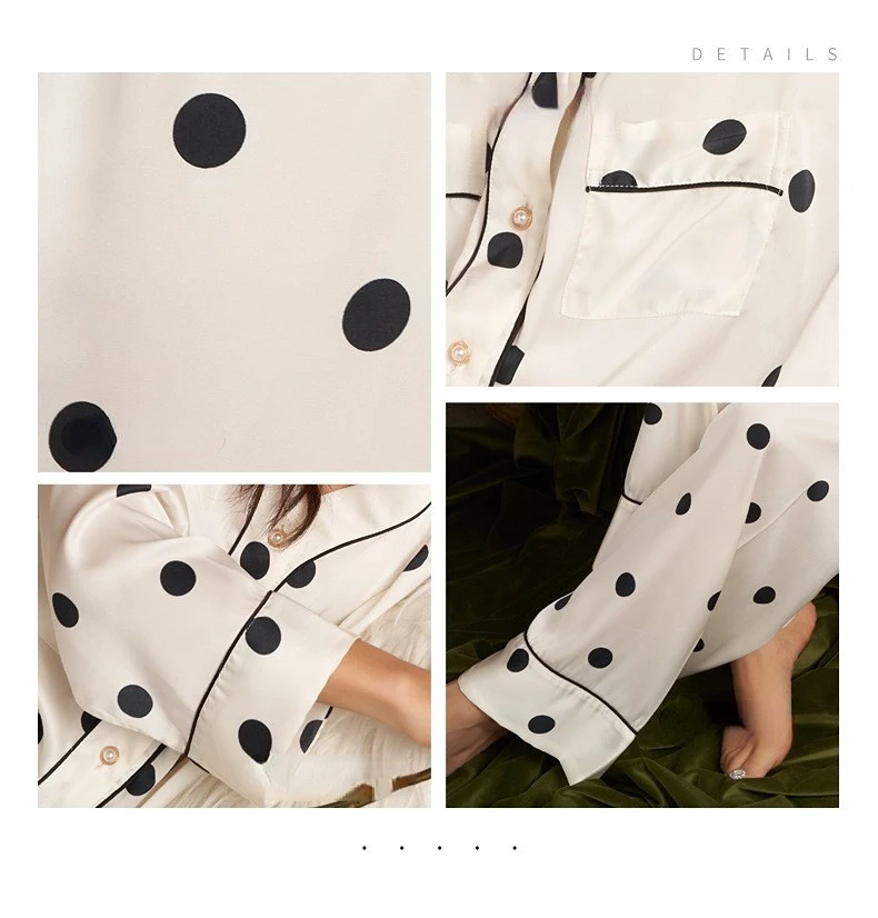 Women's 2 Piece Pajama Sets Dot Print Pijama Suit Ice Silk Pyjama Female Sleepwear Long Sleeve Shirt Trouser Homewear Loungewear