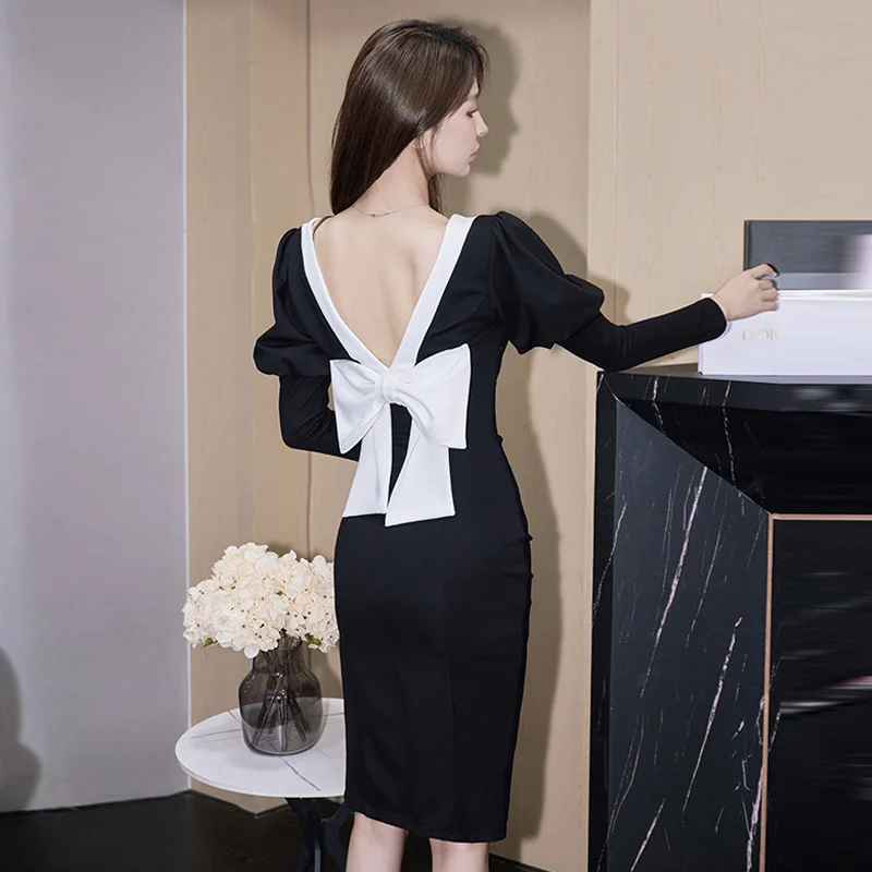 

French Elegant Black Dresses Women 2023 Spring Vintage Square Neck Party Dress Lady Long Sleeve Bow Puff Sleeve Slim Dress G452