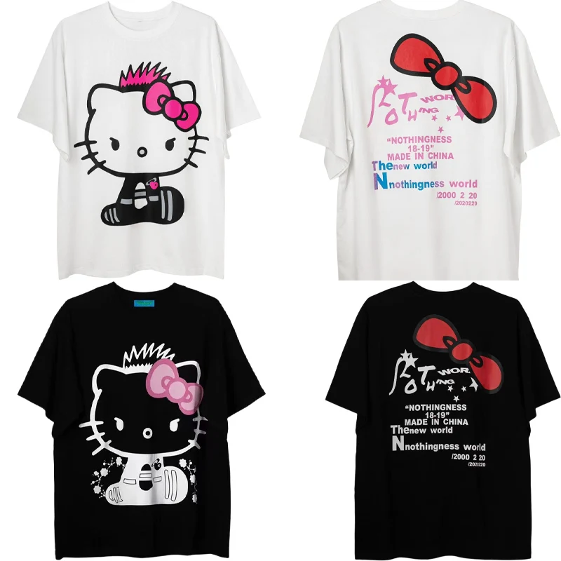 

Летняя хлопковая футболка с короткими рукавами Sanrios Hellokittys, новая милая мультяшная Повседневная Универсальная футболка в стиле аниме Kawaii Y2k