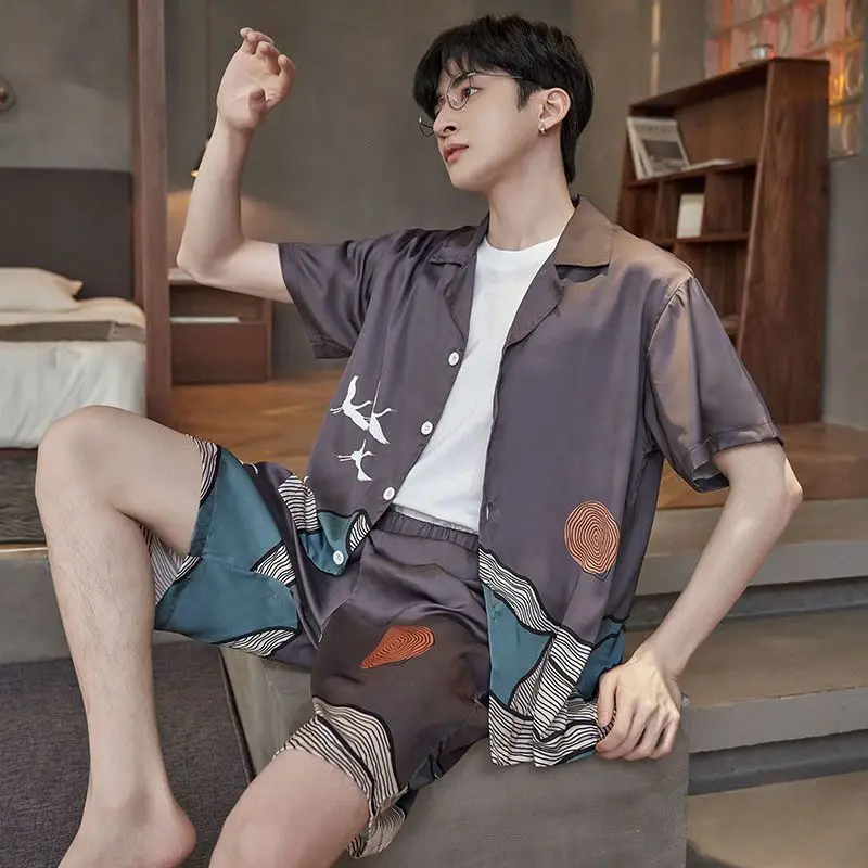 Ice Silk Pajamas Men's Summer Thin 2023 New Outwear Short Sleeve Summer Silk Home Furnishing Set