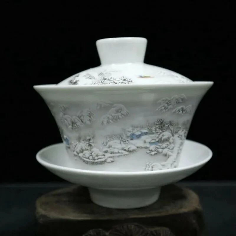 

Old Chinese powder color porcelain landscape pattern cover bowl teacup