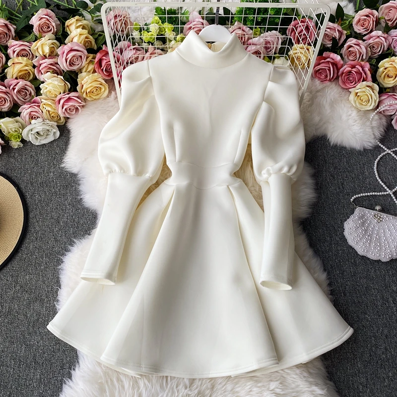Gaganight Women French A line Big Swing Dress Female 2021 Autumn New Korean Temperament Ladies Puff Sleeve Waist Slimming | Женская