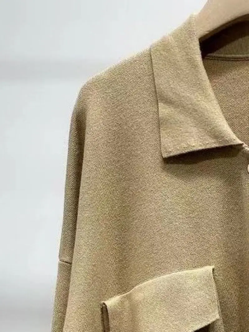 

Women Polo Collar Pockets Single Breasted Knitting Long Sleeve Cardigan and Drawstring Solid Color trousers