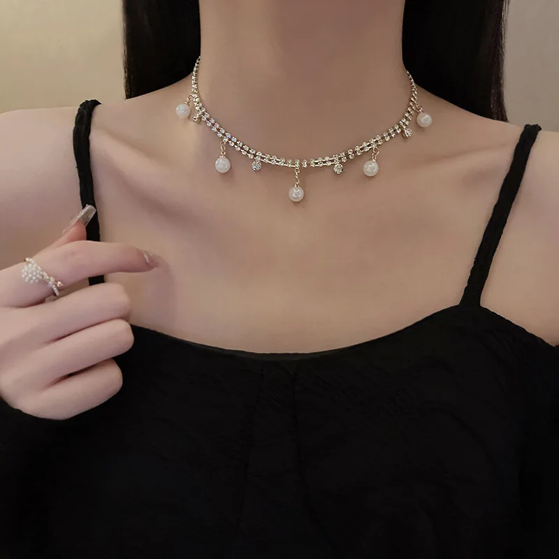 

2022 New Ins Tide Mermaid Pearl Necklace Ladies Light Luxury Niche Advanced Design Sense Exquisite Full Diamond Collarbone Chain