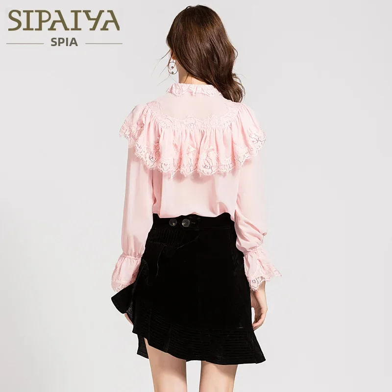 Женская Повседневная рубашка с длинным рукавом однотонная облегающая кружевная