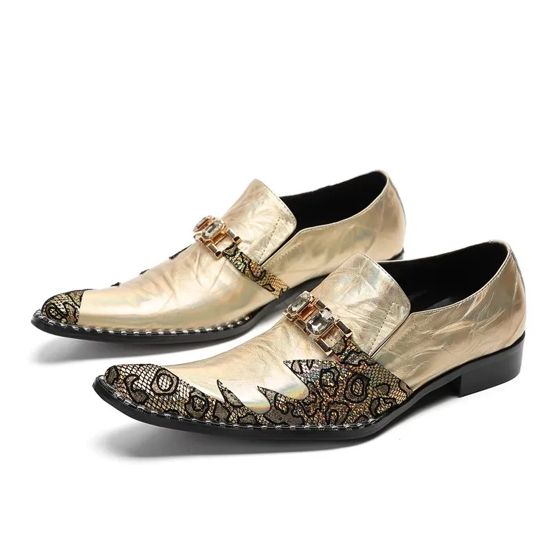 

Handmade New Styles Dress Shoes For Men Gold Genuine Leather Pointed Toe Flats Crystal Chains Decor Man Oxfords Zapatos Hombre