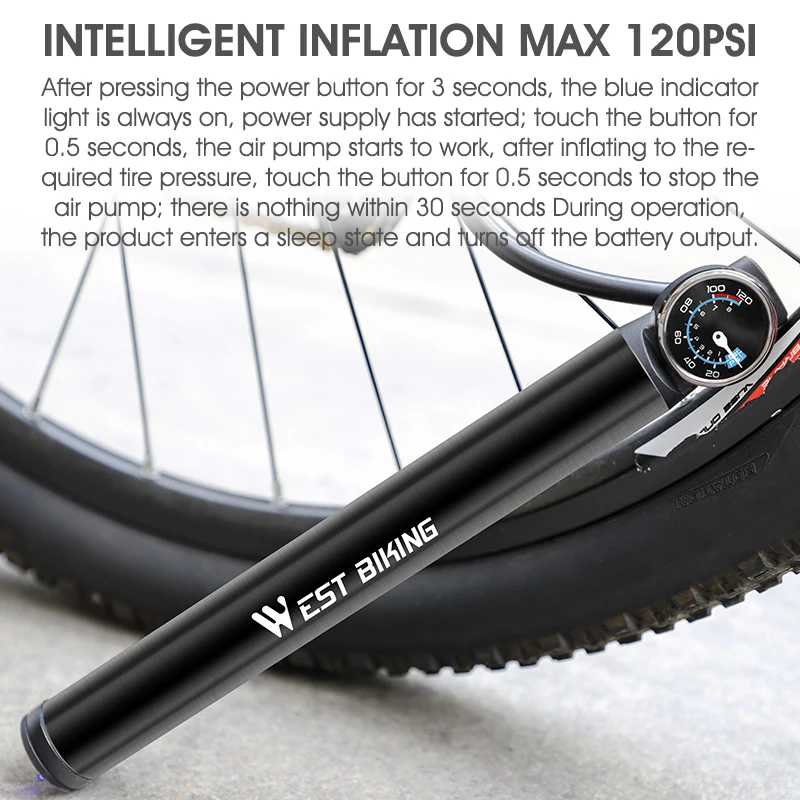 Smart Electric Bicycle Pump 12.8V 120PSI with Hose Pressure Gauge USB Rechargeable MTB Road Bike Tire Air Cycling Inflator | Спорт и