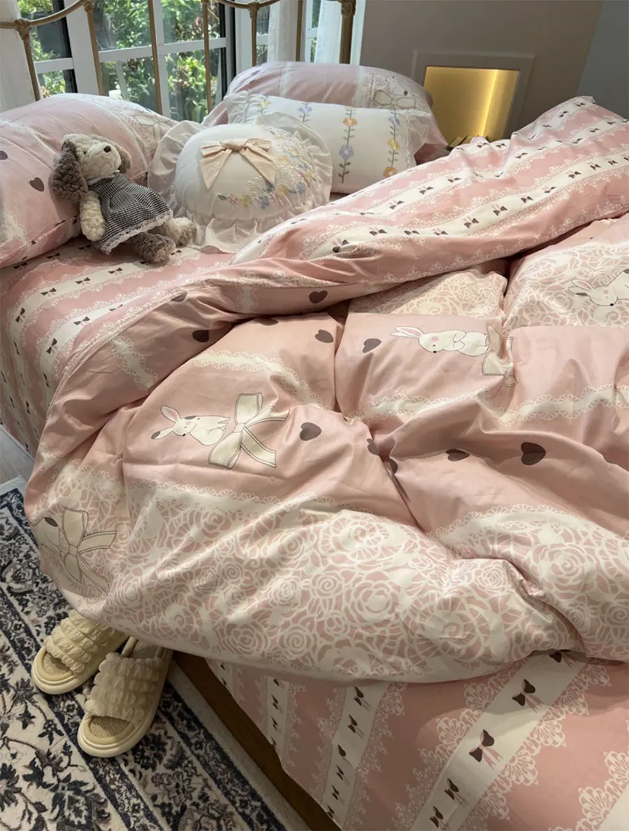 Милый розовый детский комплект beding с кроликом и цветком хлопковый двойной полный