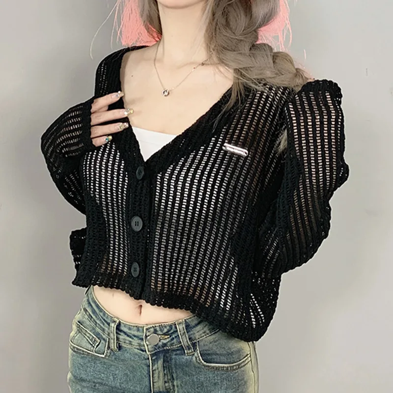 

Women Black Thin Knitted Cardigans Sweater Fashion Autumn Long Sleeve Cutout Mesh Grid Button V Neck Solid Female Sexy Tops 2022