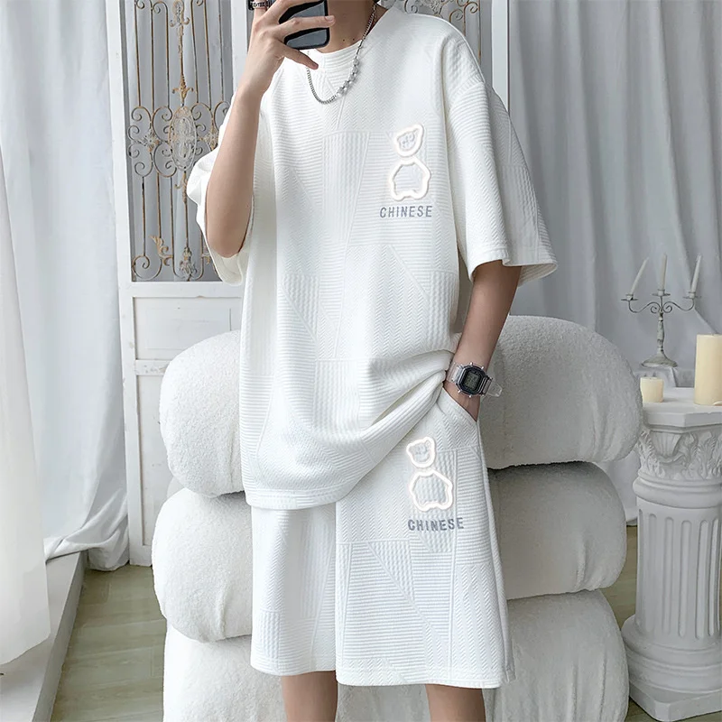 

Waffle Casual Suit For Men Oversized Slightly Summer Short Sleeved + Shorts Two Piece Set