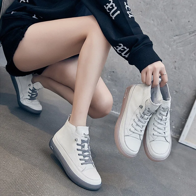 

Women Genuine Leather Sneakers Spring High-top Casual Shoes Autumn First Layer Cowhide Ladies High Top Vulcanized Shoes