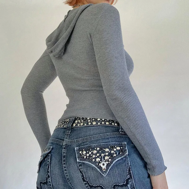 

Women's Long Sleeve Cropped Tops Solid Color Ribbed V-Neck Hood Slim Fit T-Shirts for Spring Summer Knitt y2k Basic