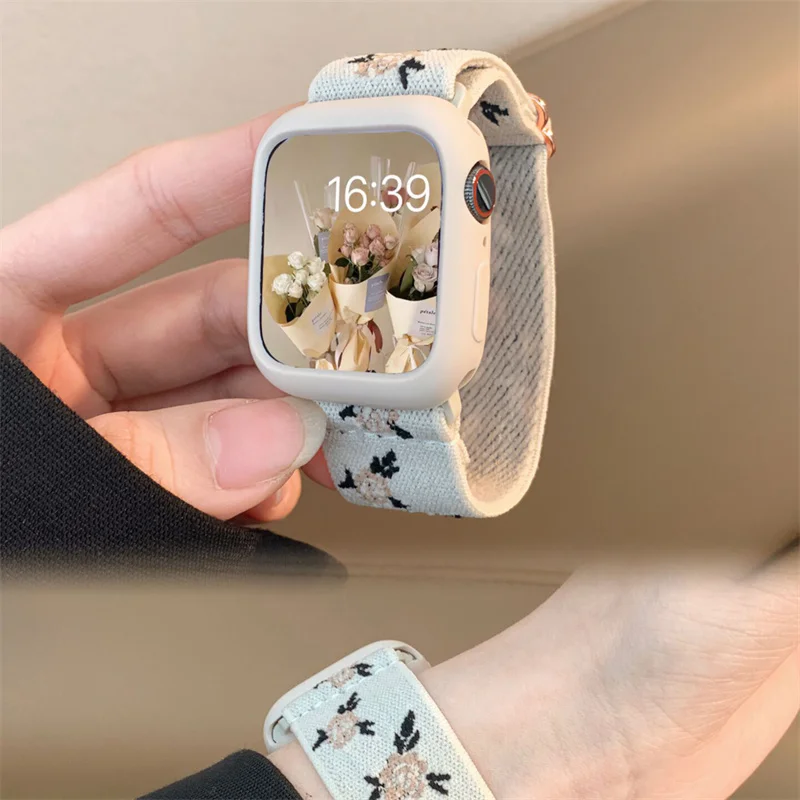 Nylon Embroidery Strap+Case For Apple Watch Band 45 44mm 40mm 49mm 41mm 42 38mm Correa Bracelet For iWatch Series 7 8 6 SE Ultra