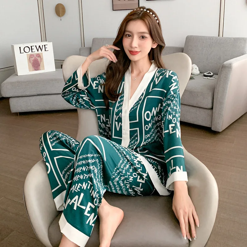 FALLINLAOE Printed Fashion Women Pajama Set Ice Silk Long Sleeve Suit Pyjamas Casual V-Neck Sleepwear