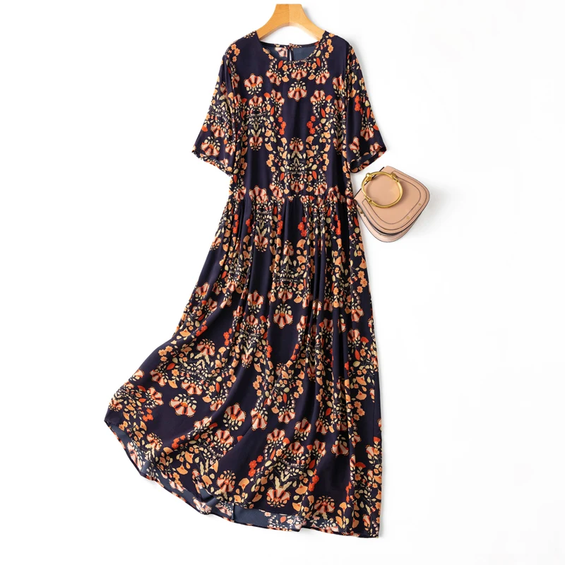 

Natural Silk New 2022 Summer Thin High Quality Maxi Dresses for Women Indie Folk A-LINE Ankle-Length O-Neck Korean Dress