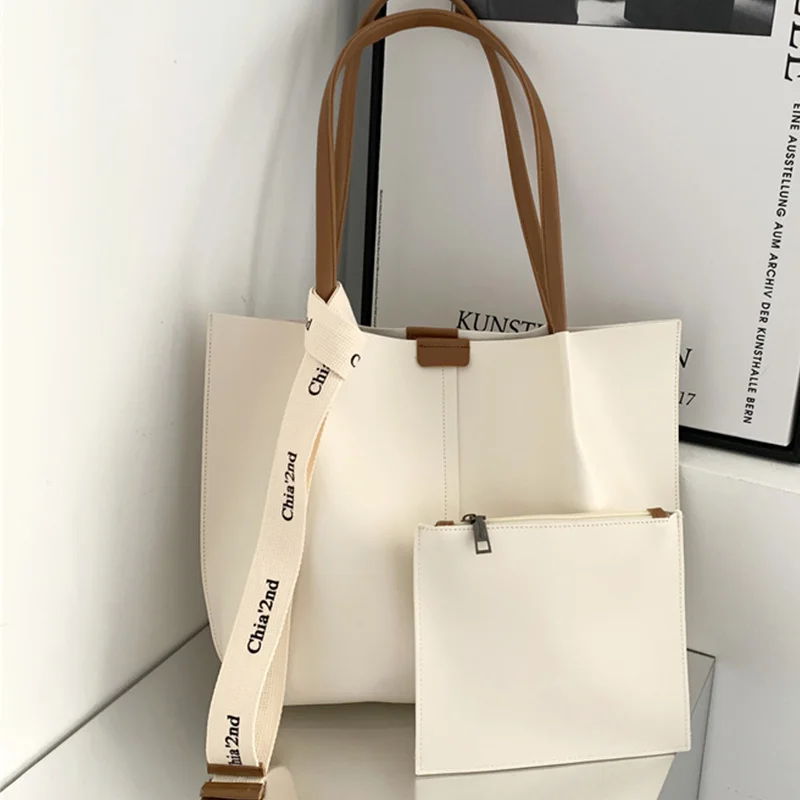 

Белая Вместительная женская сумка-тоут, однотонные шикарные Ленточные сумки на плечо, простая элегантная дамская сумочка из композитного материала