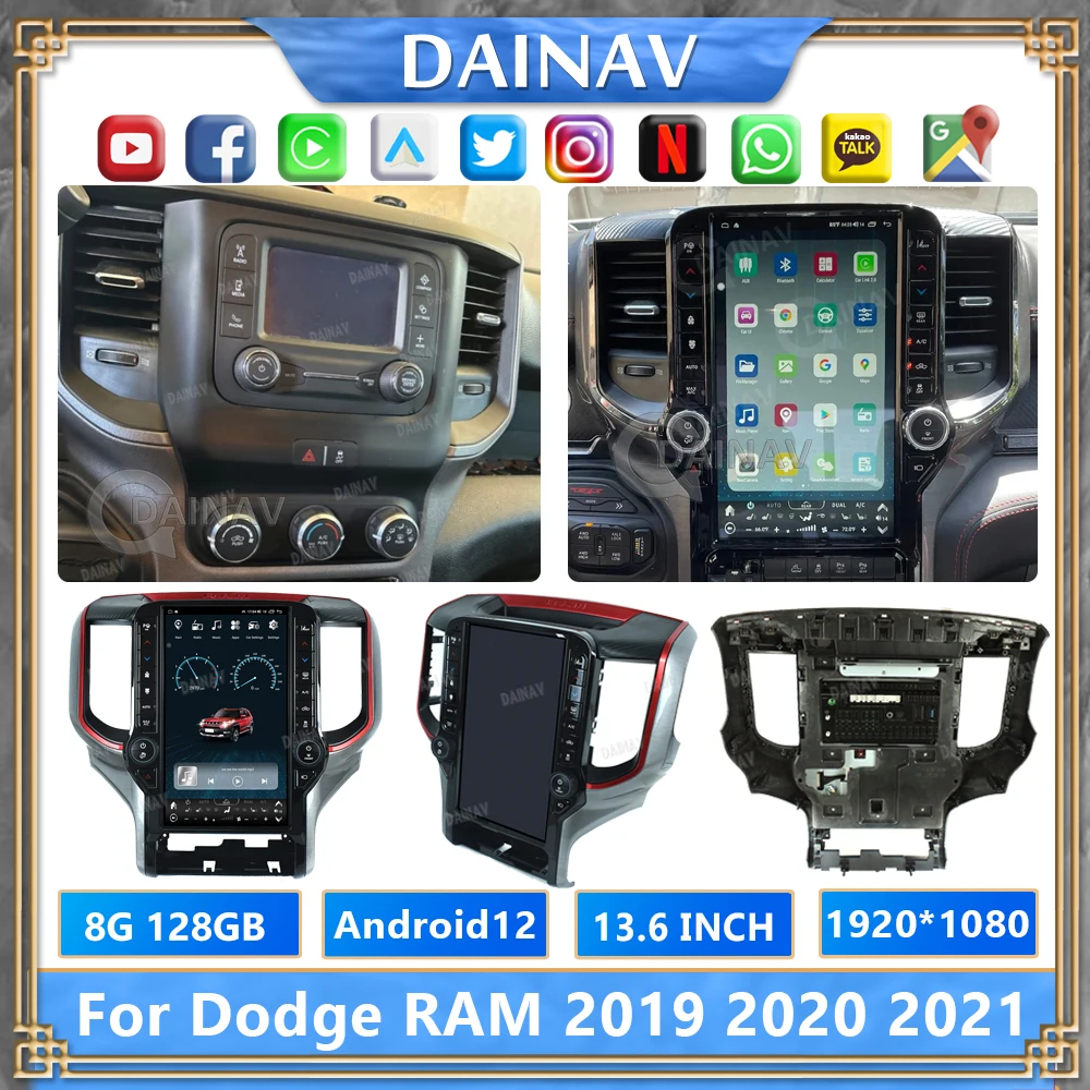 

Автомобильный радиоприемник 13,6 дюймов Android 12 для Dodge RAM 2019-2021 Android Авто Стерео мультимедийный плеер GPS навигация Carplay головное устройство