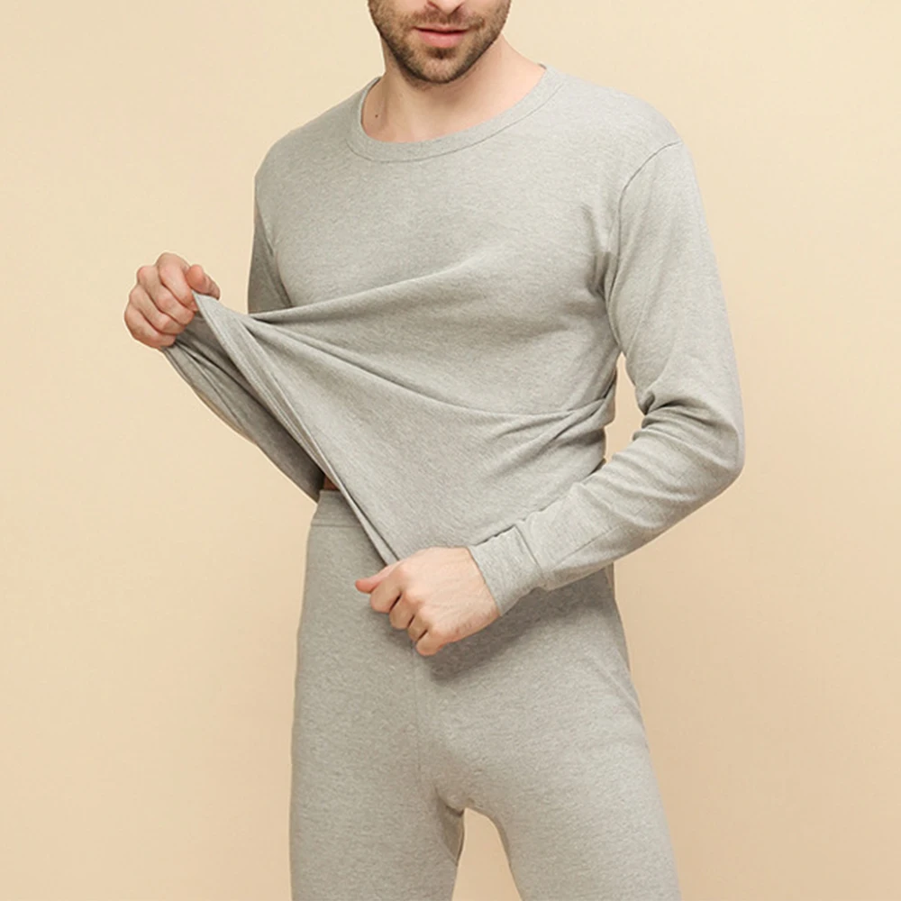 

Outdoor Daily Mens Thermal Set Polyester Round Neck Shirt Solid Ultra-Soft Underwear Winter Autumn Casual Cotton